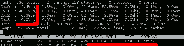 Картинка завантаженості  4 процесорної машинки при стисненні bzip2 tar архіву 100% CPU